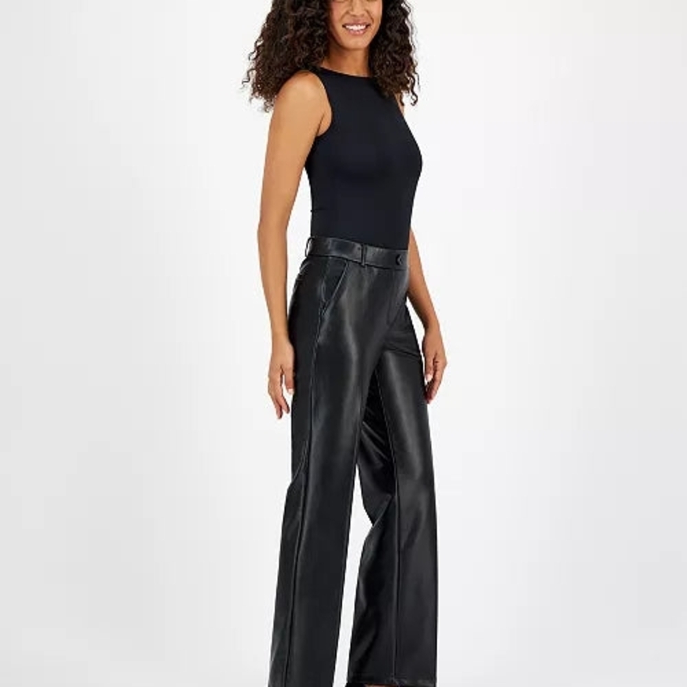 Kasper Petite Black Faux Leather Straight Leg Trousers Pants 14P 27 Inseam NWT
